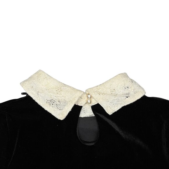 Knit Works Girls 12 Black Velvet Dress Pearl Lace Collar Holiday Party Outfit - Picture 10 of 13
